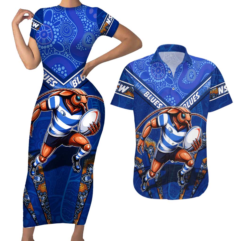 Personalised NSW Blues Couples Matching Short Sleeve Bodycon Dress and Hawaiian Shirt Mascot Rugby League