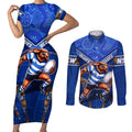 Personalised NSW Blues Couples Matching Short Sleeve Bodycon Dress and Long Sleeve Button Shirt Mascot Rugby League