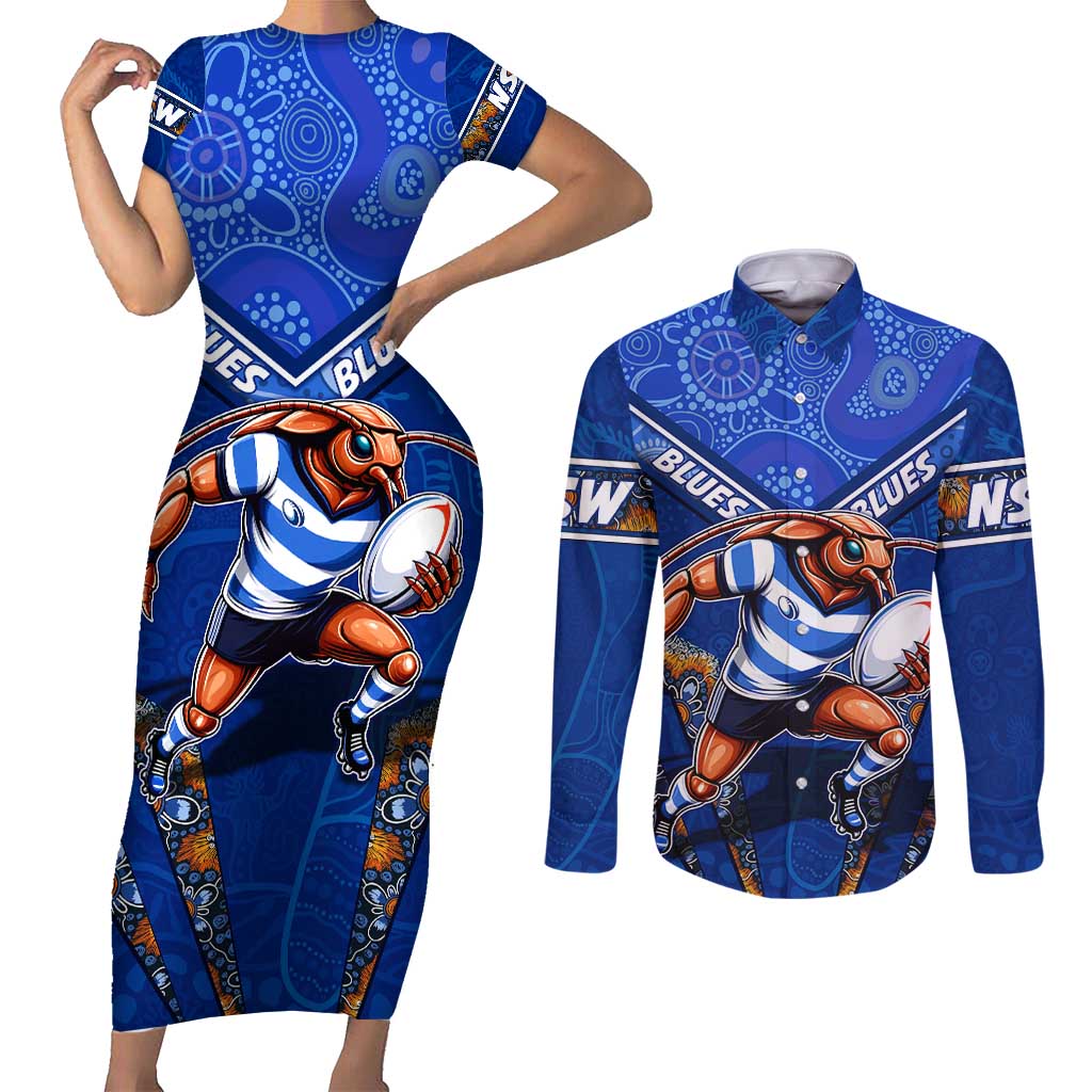 Personalised NSW Blues Couples Matching Short Sleeve Bodycon Dress and Long Sleeve Button Shirt Mascot Rugby League
