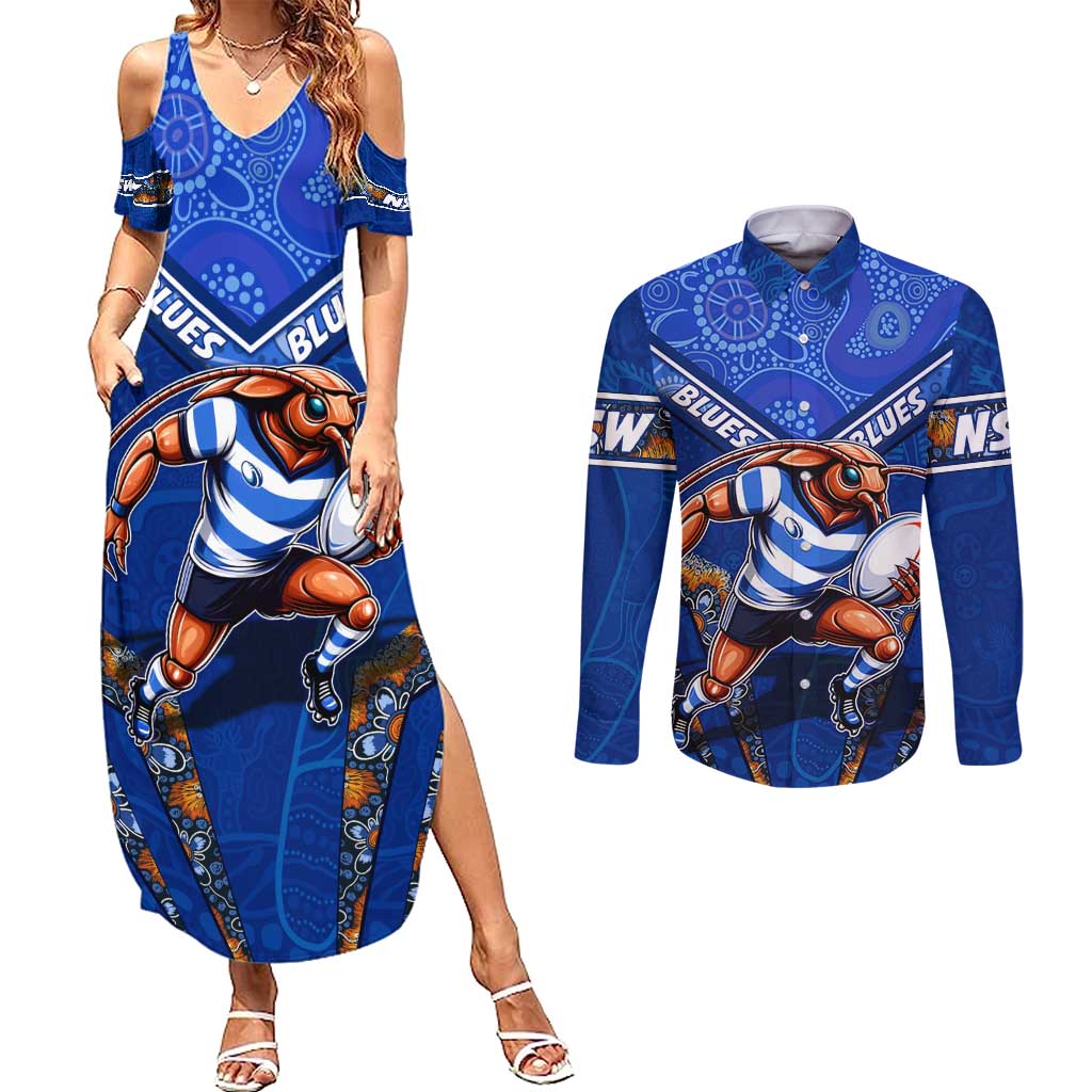 Personalised NSW Blues Couples Matching Summer Maxi Dress and Long Sleeve Button Shirt Mascot Rugby League