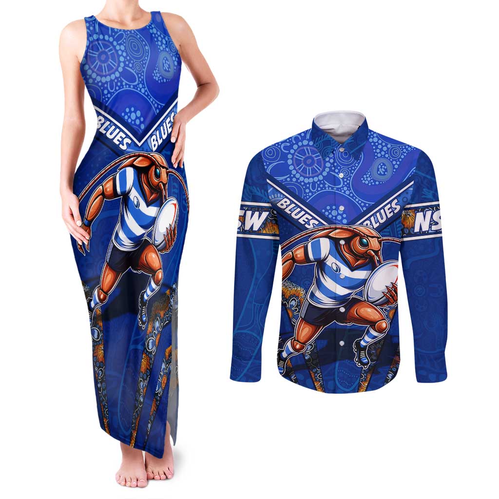 Personalised NSW Blues Couples Matching Tank Maxi Dress and Long Sleeve Button Shirt Mascot Rugby League