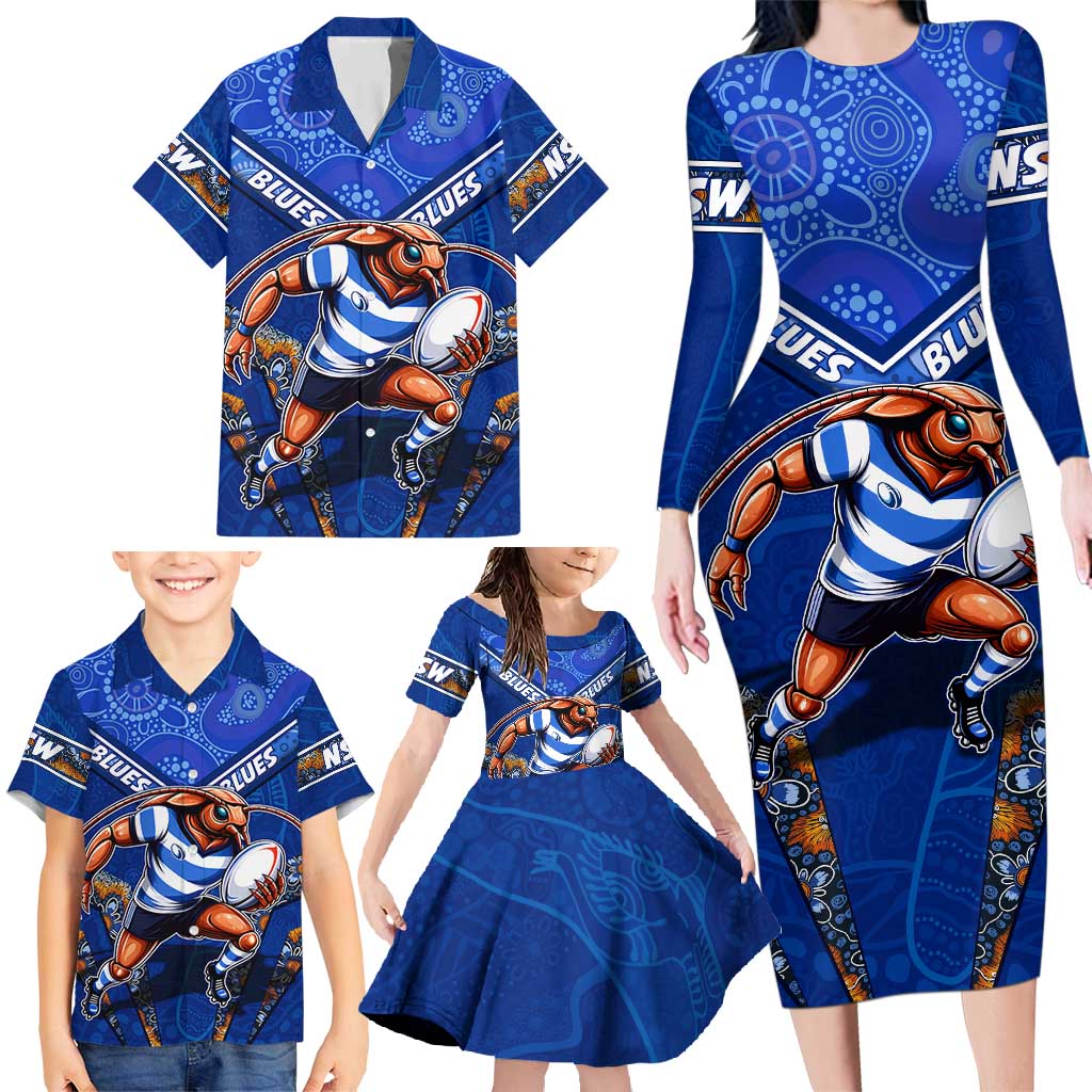 Personalised NSW Blues Family Matching Long Sleeve Bodycon Dress and Hawaiian Shirt Mascot Rugby League