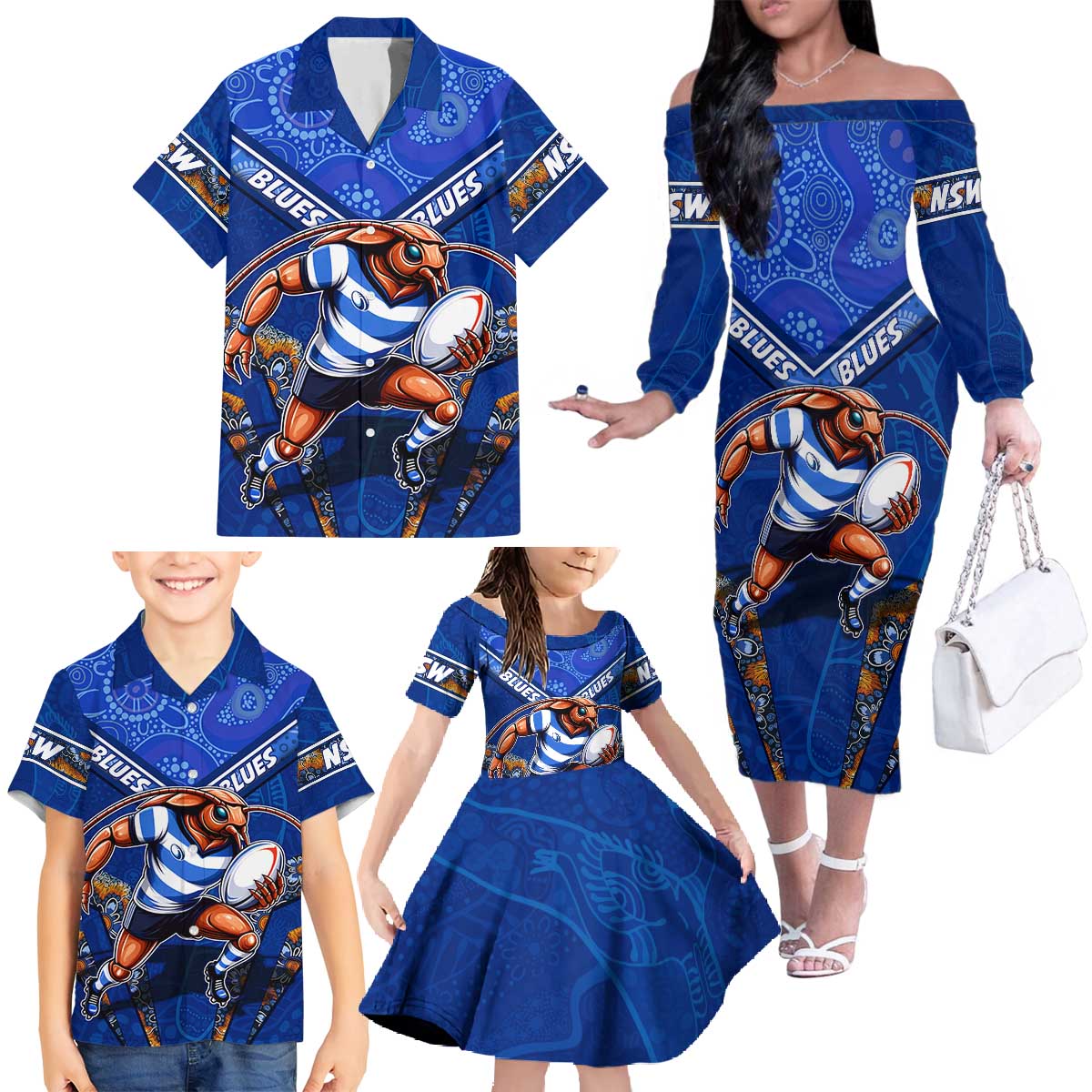 Personalised NSW Blues Family Matching Off The Shoulder Long Sleeve Dress and Hawaiian Shirt Mascot Rugby League