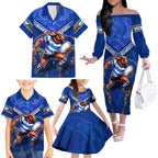 Personalised NSW Blues Family Matching Off The Shoulder Long Sleeve Dress and Hawaiian Shirt Mascot Rugby League