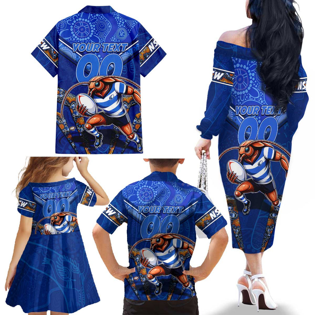 Personalised NSW Blues Family Matching Off The Shoulder Long Sleeve Dress and Hawaiian Shirt Mascot Rugby League