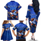 Personalised NSW Blues Family Matching Off The Shoulder Long Sleeve Dress and Hawaiian Shirt Mascot Rugby League