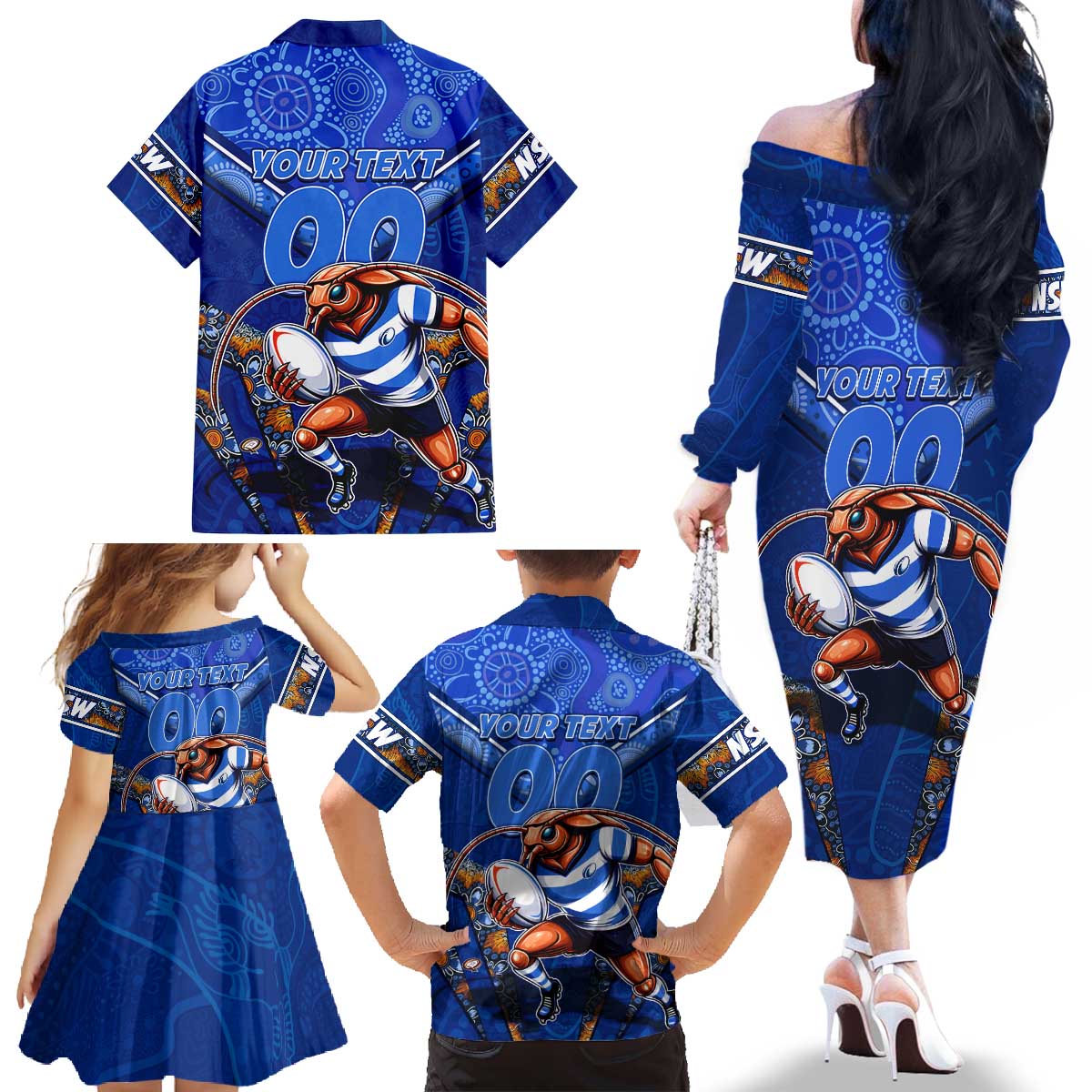 Personalised NSW Blues Family Matching Off The Shoulder Long Sleeve Dress and Hawaiian Shirt Mascot Rugby League