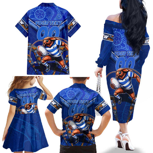 Personalised NSW Blues Family Matching Off The Shoulder Long Sleeve Dress and Hawaiian Shirt Mascot Rugby League