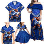 Personalised NSW Blues Family Matching Off Shoulder Maxi Dress and Hawaiian Shirt Mascot Rugby League