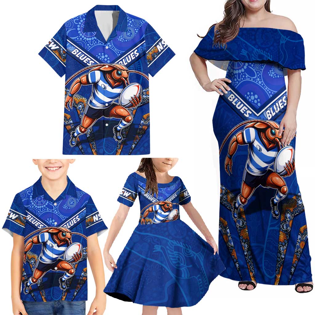 Personalised NSW Blues Family Matching Off Shoulder Maxi Dress and Hawaiian Shirt Mascot Rugby League