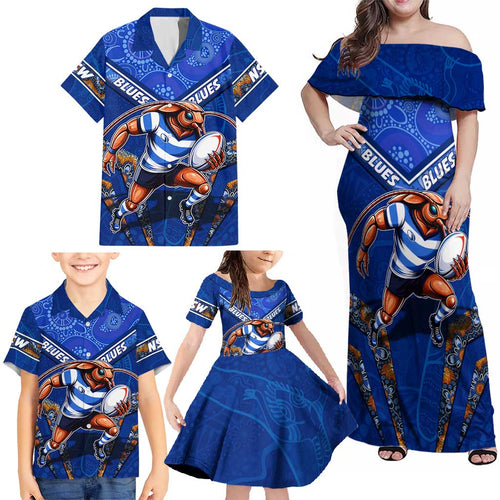 Personalised NSW Blues Family Matching Off Shoulder Maxi Dress and Hawaiian Shirt Mascot Rugby League