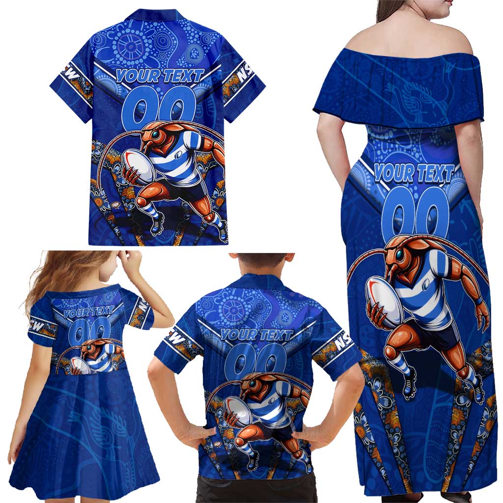 Personalised NSW Blues Family Matching Off Shoulder Maxi Dress and Hawaiian Shirt Mascot Rugby League
