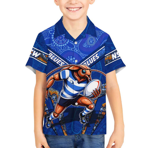Personalised NSW Blues Family Matching Off Shoulder Maxi Dress and Hawaiian Shirt Mascot Rugby League