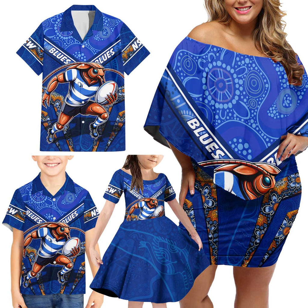 Personalised NSW Blues Family Matching Off Shoulder Short Dress and Hawaiian Shirt Mascot Rugby League