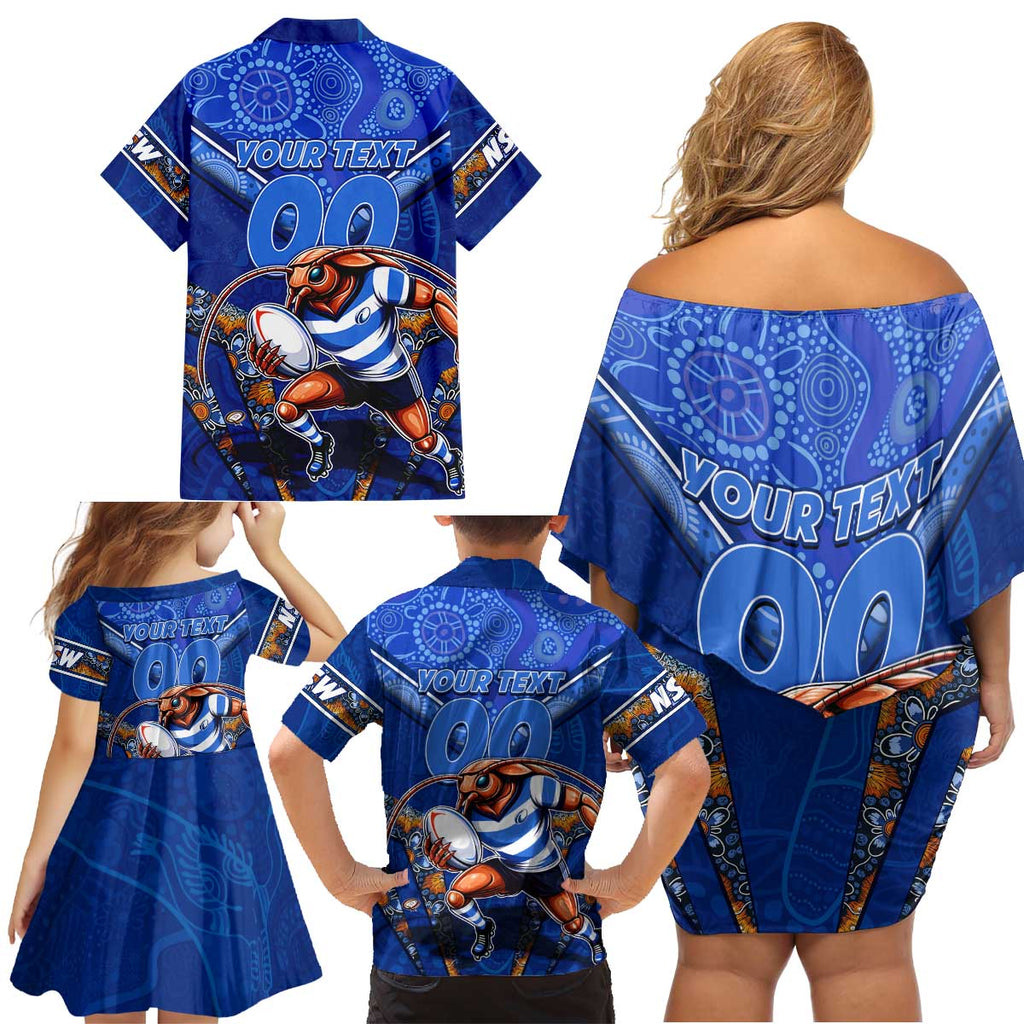 Personalised NSW Blues Family Matching Off Shoulder Short Dress and Hawaiian Shirt Mascot Rugby League