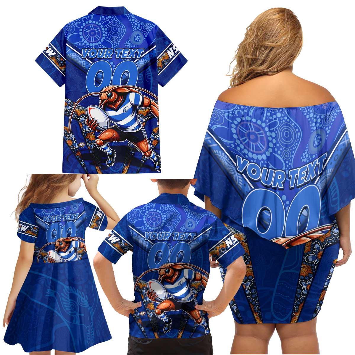 Personalised NSW Blues Family Matching Off Shoulder Short Dress and Hawaiian Shirt Mascot Rugby League