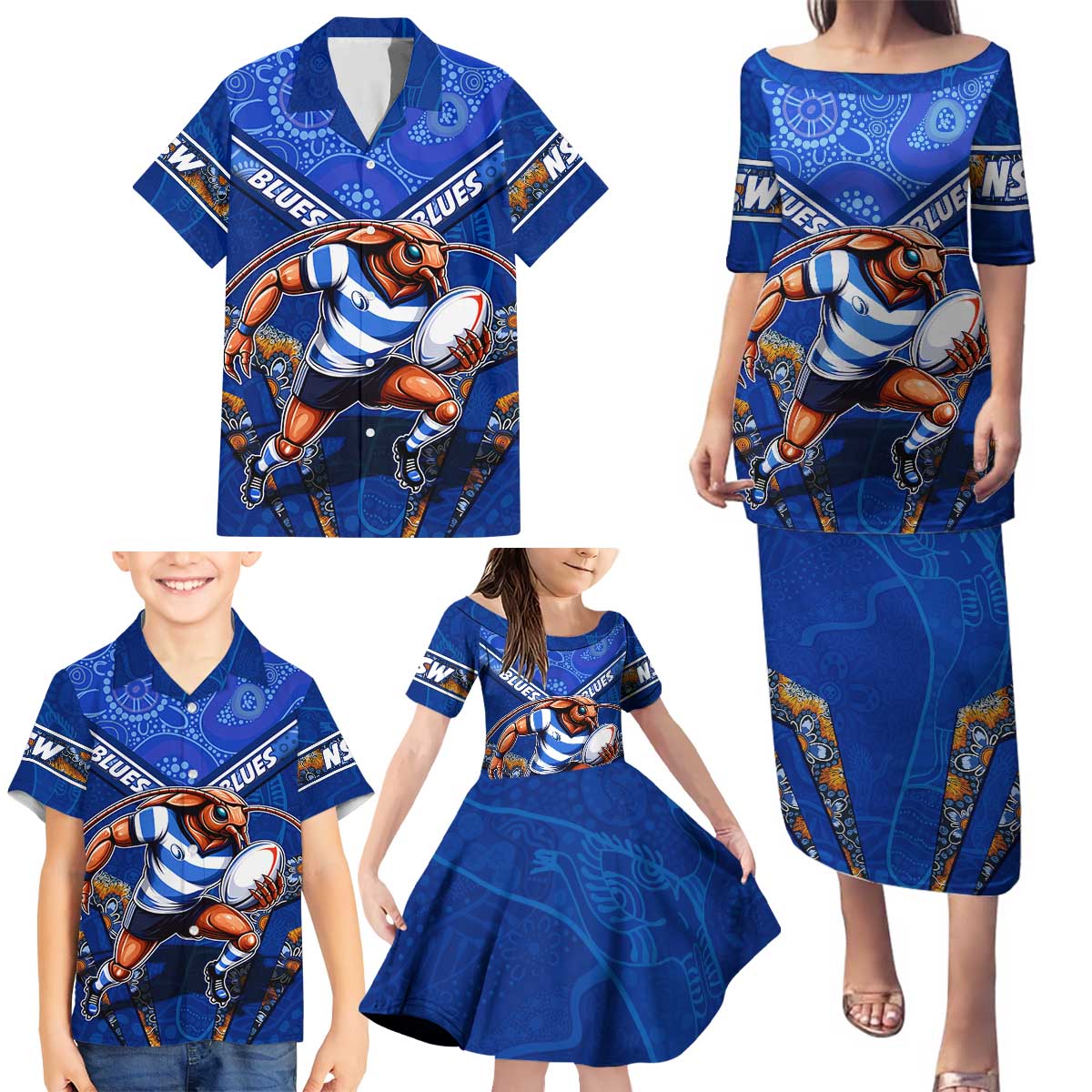 Personalised NSW Blues Family Matching Puletasi and Hawaiian Shirt Mascot Rugby League