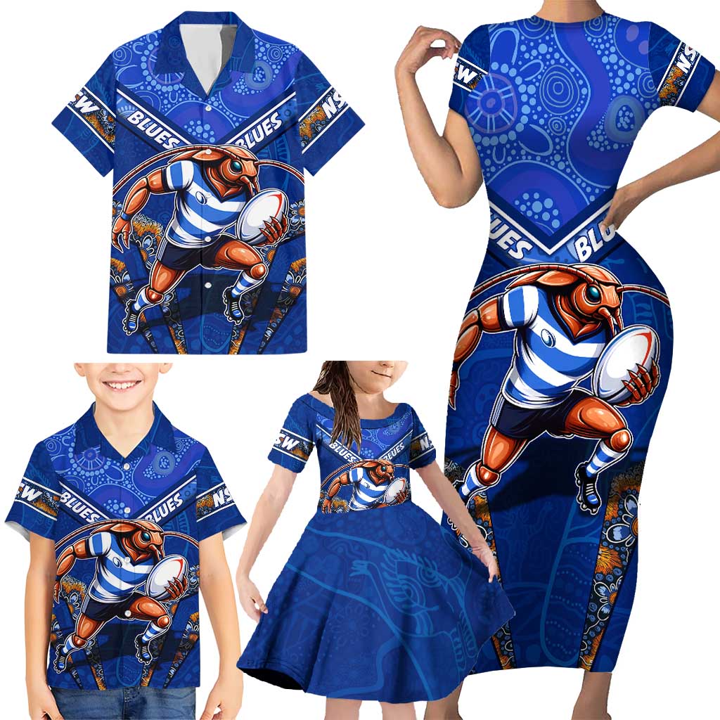 Personalised NSW Blues Family Matching Short Sleeve Bodycon Dress and Hawaiian Shirt Mascot Rugby League