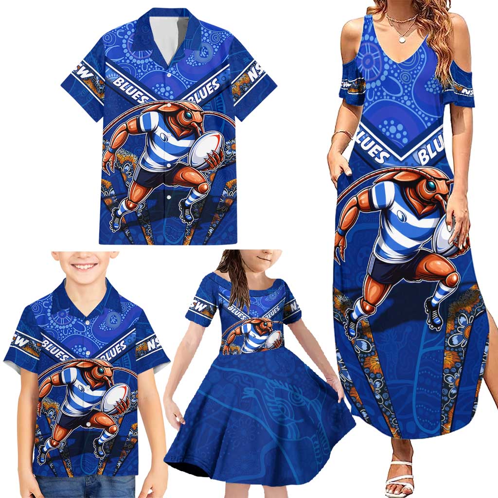Personalised NSW Blues Family Matching Summer Maxi Dress and Hawaiian Shirt Mascot Rugby League