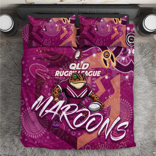 Personalized QLD Rugby League Bedding Set Maroons Aboriginal Art