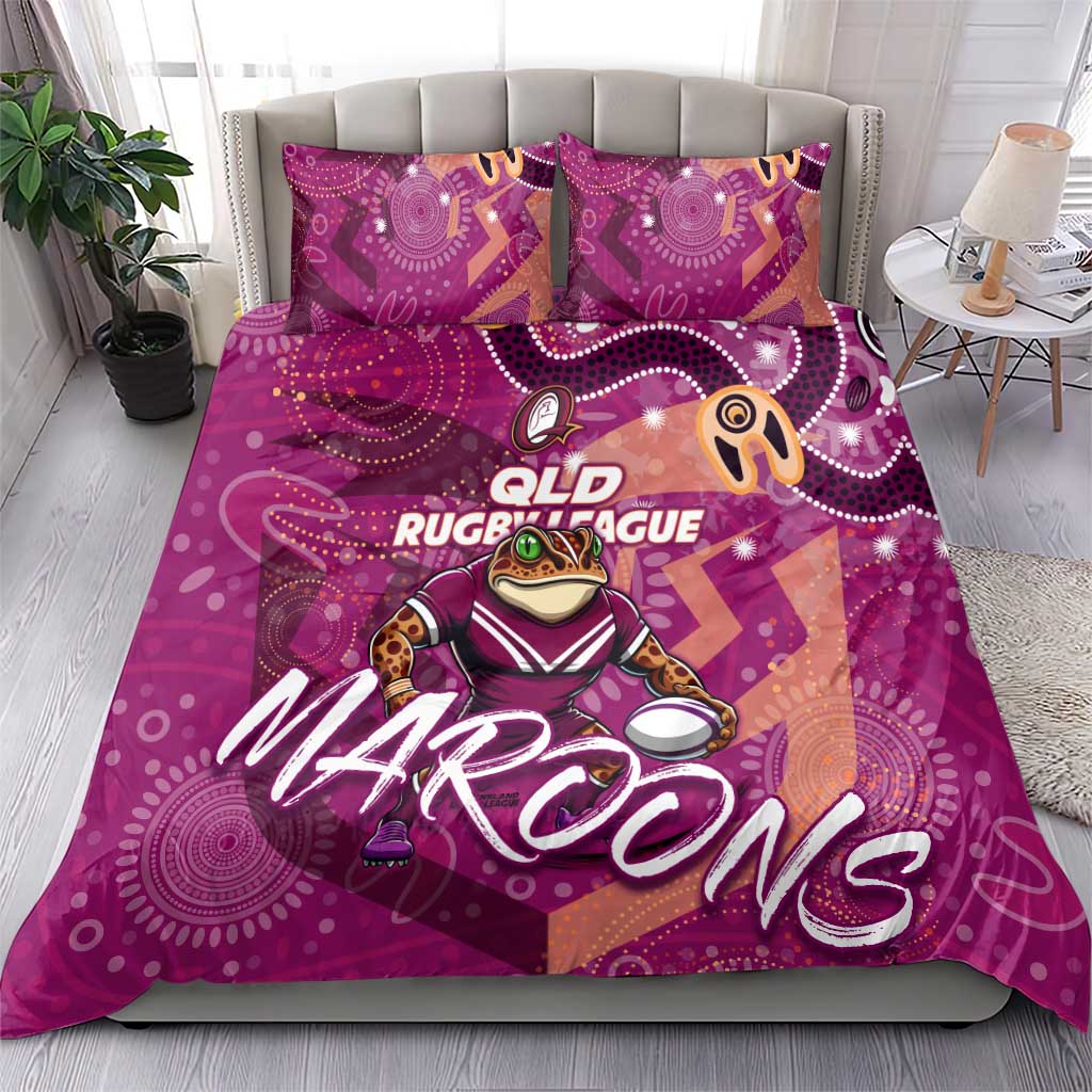 Personalized QLD Rugby League Bedding Set Maroons Aboriginal Art