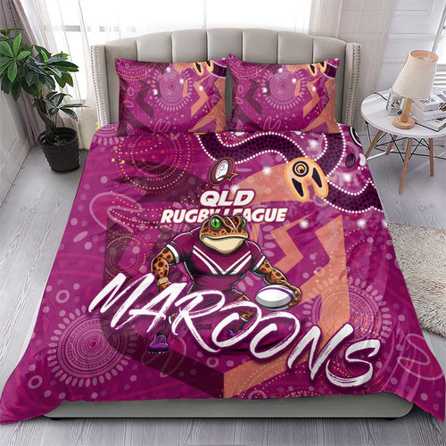 Personalized QLD Rugby League Bedding Set Maroons Aboriginal Art