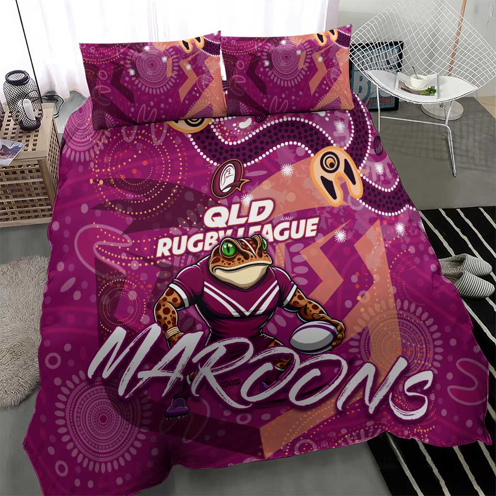 Personalized QLD Rugby League Bedding Set Maroons Aboriginal Art