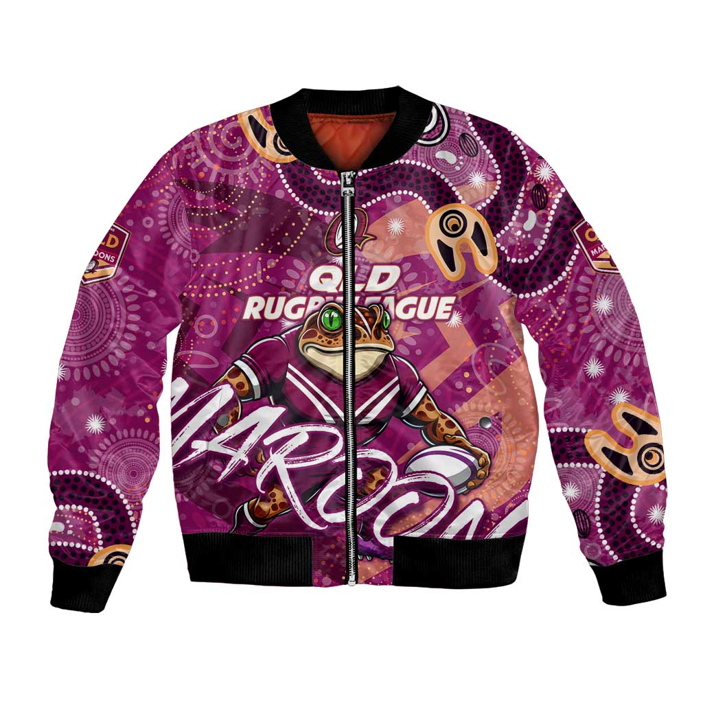 Personalized QLD Rugby League Bomber Jacket Maroons Aboriginal Art
