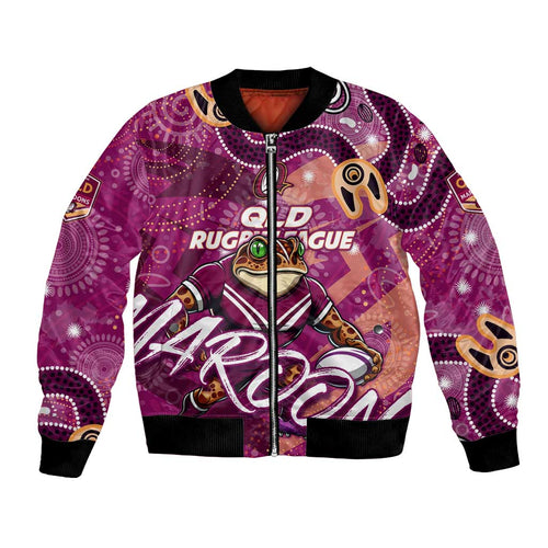 Personalized QLD Rugby League Bomber Jacket Maroons Aboriginal Art