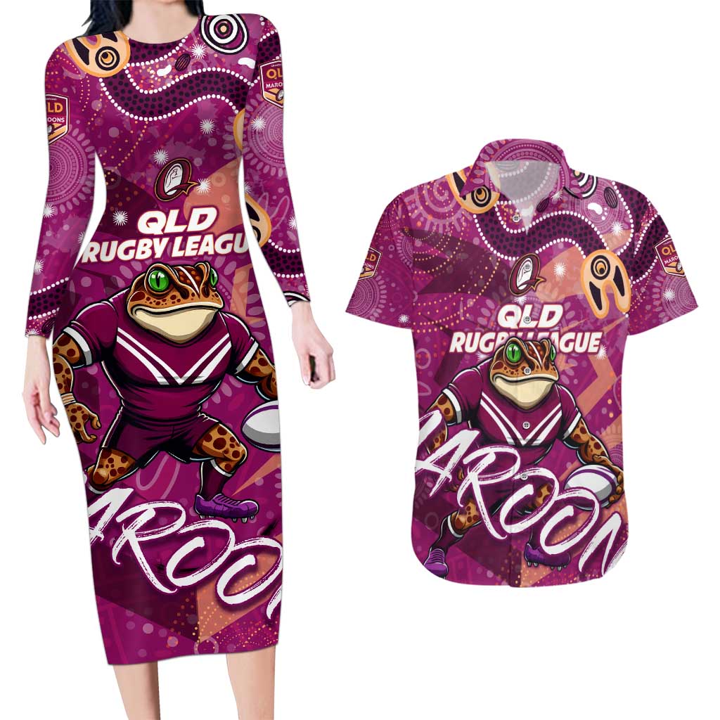 Personalized QLD Rugby League Couples Matching Long Sleeve Bodycon Dress and Hawaiian Shirt Maroons Aboriginal Art