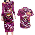 Personalized QLD Rugby League Couples Matching Long Sleeve Bodycon Dress and Hawaiian Shirt Maroons Aboriginal Art
