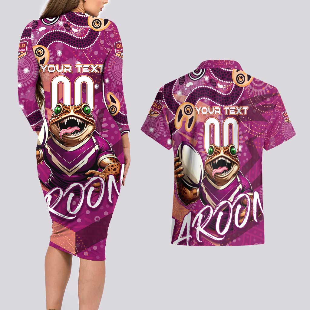 Personalized QLD Rugby League Couples Matching Long Sleeve Bodycon Dress and Hawaiian Shirt Maroons Aboriginal Art
