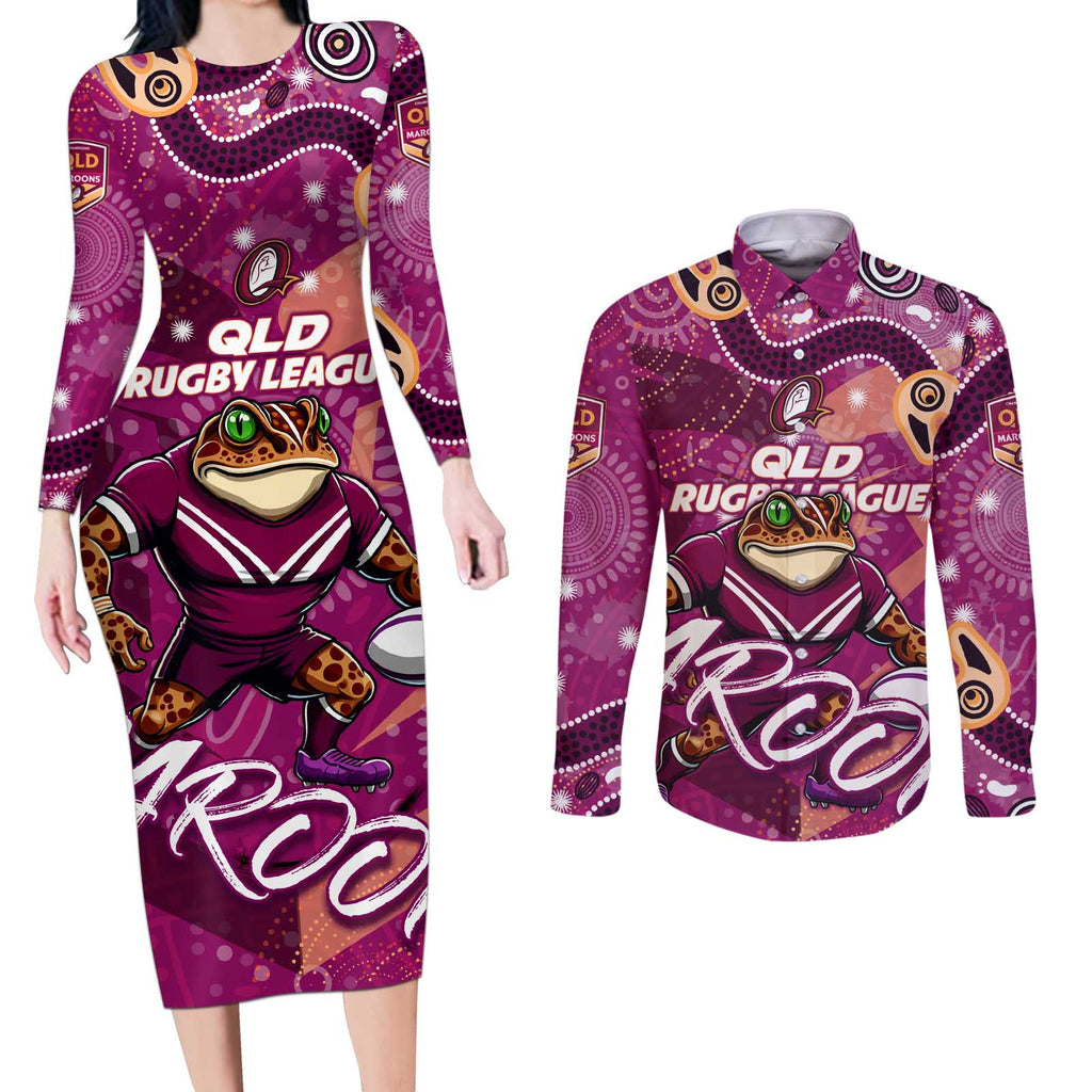 Personalized QLD Rugby League Couples Matching Long Sleeve Bodycon Dress and Long Sleeve Button Shirt Maroons Aboriginal Art