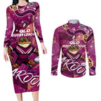 Personalized QLD Rugby League Couples Matching Long Sleeve Bodycon Dress and Long Sleeve Button Shirt Maroons Aboriginal Art
