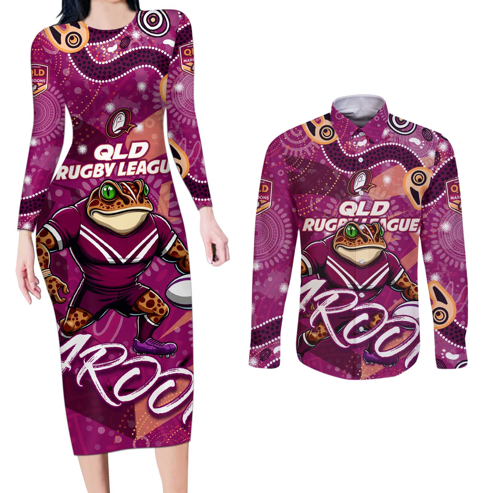 Personalized QLD Rugby League Couples Matching Long Sleeve Bodycon Dress and Long Sleeve Button Shirt Maroons Aboriginal Art