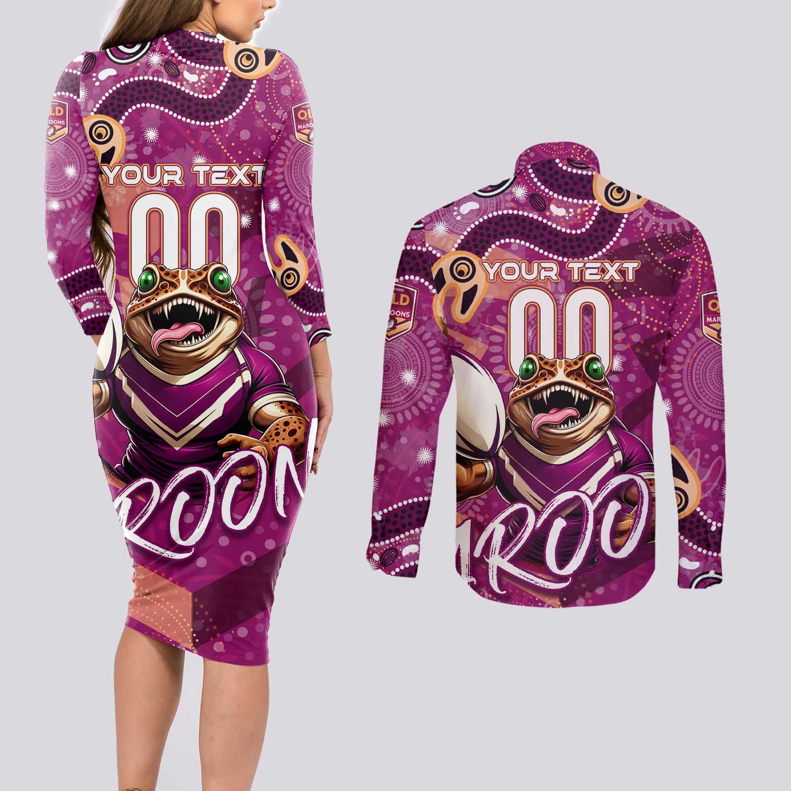 Personalized QLD Rugby League Couples Matching Long Sleeve Bodycon Dress and Long Sleeve Button Shirt Maroons Aboriginal Art