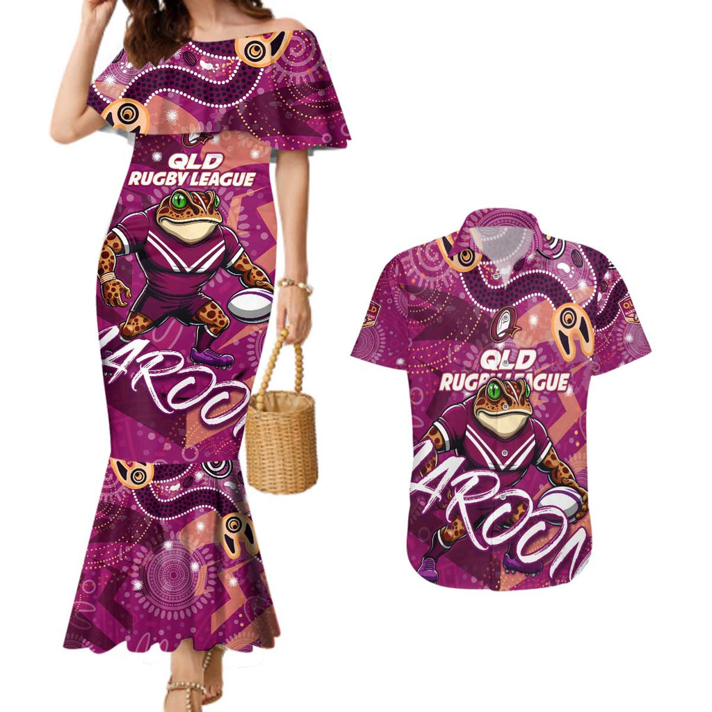 Personalized QLD Rugby League Couples Matching Mermaid Dress and Hawaiian Shirt Maroons Aboriginal Art