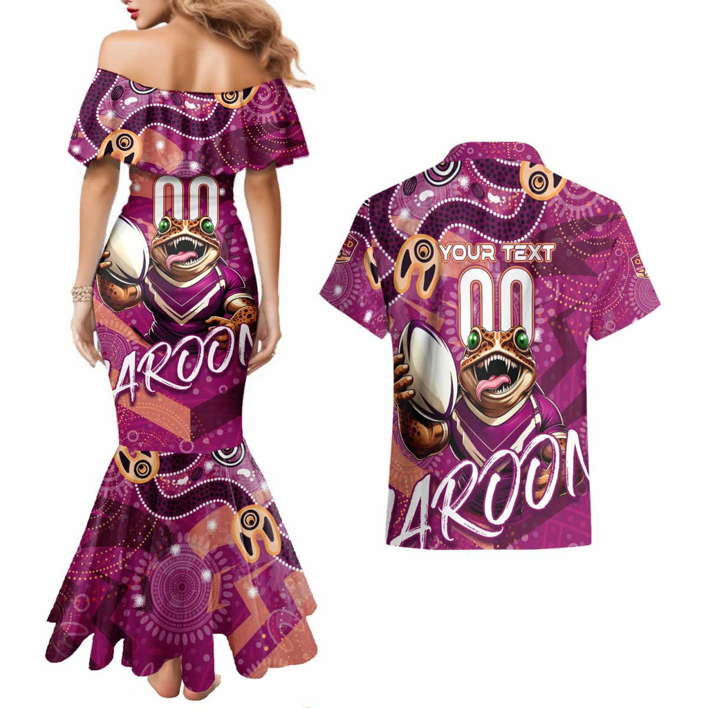 Personalized QLD Rugby League Couples Matching Mermaid Dress and Hawaiian Shirt Maroons Aboriginal Art