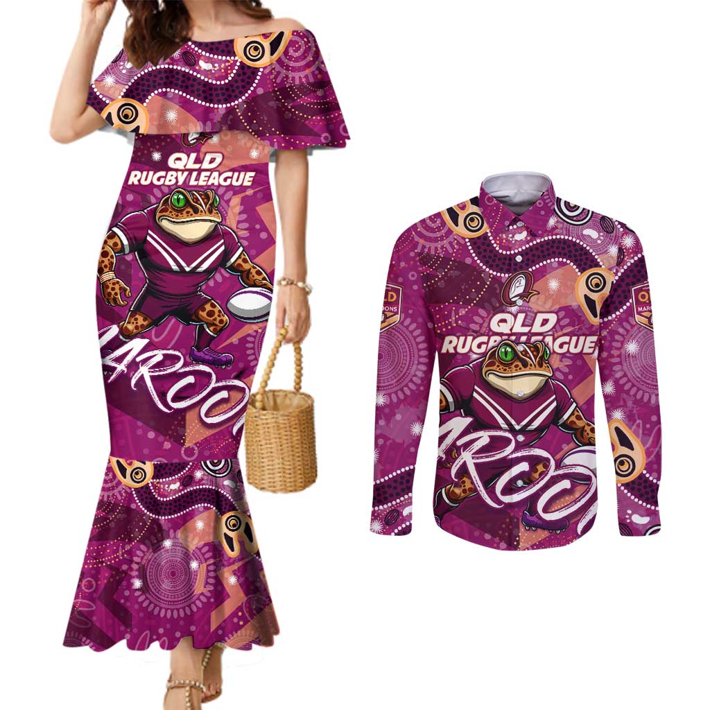 Personalized QLD Rugby League Couples Matching Mermaid Dress and Long Sleeve Button Shirt Maroons Aboriginal Art