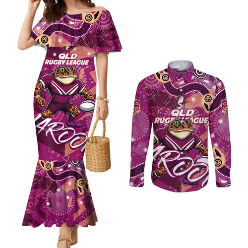 Personalized QLD Rugby League Couples Matching Mermaid Dress and Long Sleeve Button Shirt Maroons Aboriginal Art