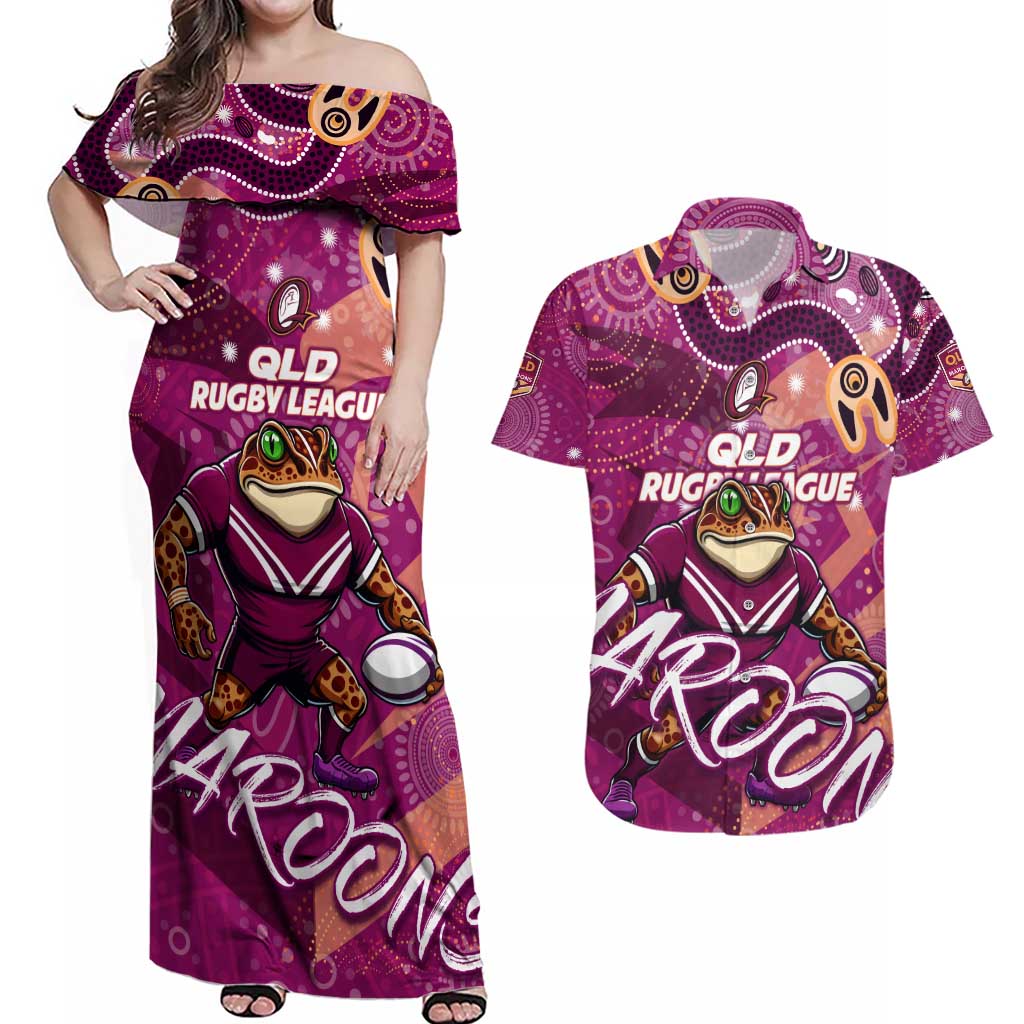 Personalized QLD Rugby League Couples Matching Off Shoulder Maxi Dress and Hawaiian Shirt Maroons Aboriginal Art