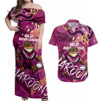 Personalized QLD Rugby League Couples Matching Off Shoulder Maxi Dress and Hawaiian Shirt Maroons Aboriginal Art