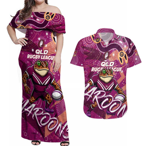 Personalized QLD Rugby League Couples Matching Off Shoulder Maxi Dress and Hawaiian Shirt Maroons Aboriginal Art