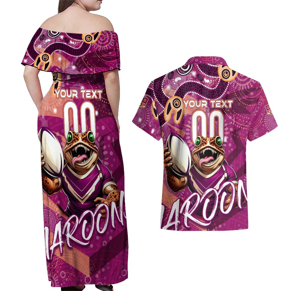 Personalized QLD Rugby League Couples Matching Off Shoulder Maxi Dress and Hawaiian Shirt Maroons Aboriginal Art