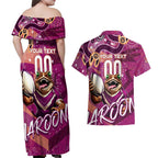 Personalized QLD Rugby League Couples Matching Off Shoulder Maxi Dress and Hawaiian Shirt Maroons Aboriginal Art