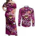 Personalized QLD Rugby League Couples Matching Off Shoulder Maxi Dress and Long Sleeve Button Shirt Maroons Aboriginal Art