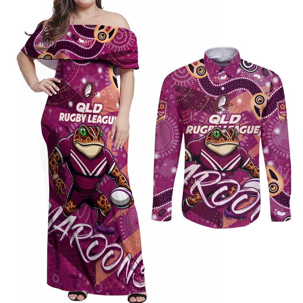Personalized QLD Rugby League Couples Matching Off Shoulder Maxi Dress and Long Sleeve Button Shirt Maroons Aboriginal Art