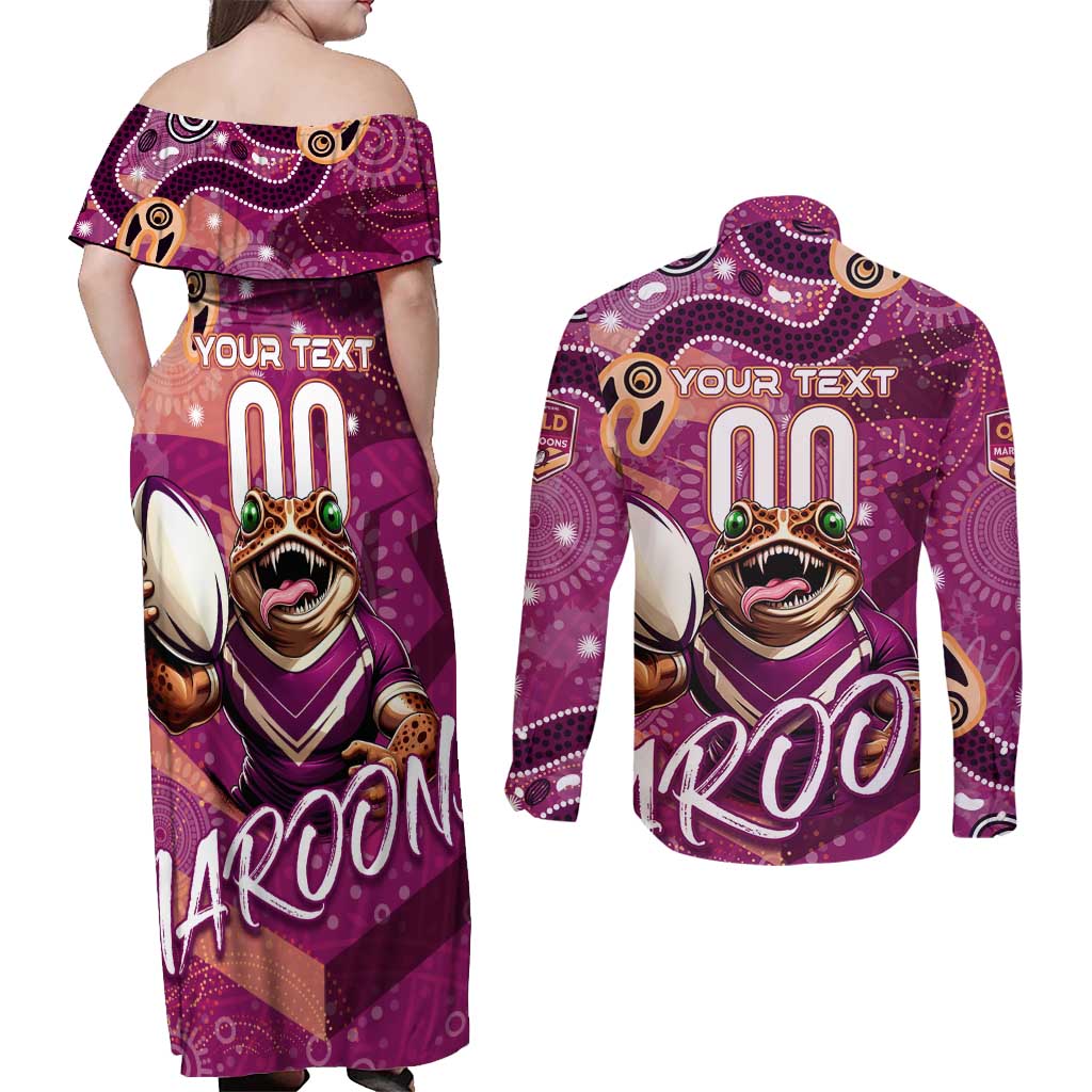 Personalized QLD Rugby League Couples Matching Off Shoulder Maxi Dress and Long Sleeve Button Shirt Maroons Aboriginal Art