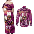 Personalized QLD Rugby League Couples Matching Off Shoulder Maxi Dress and Long Sleeve Button Shirt Maroons Aboriginal Art