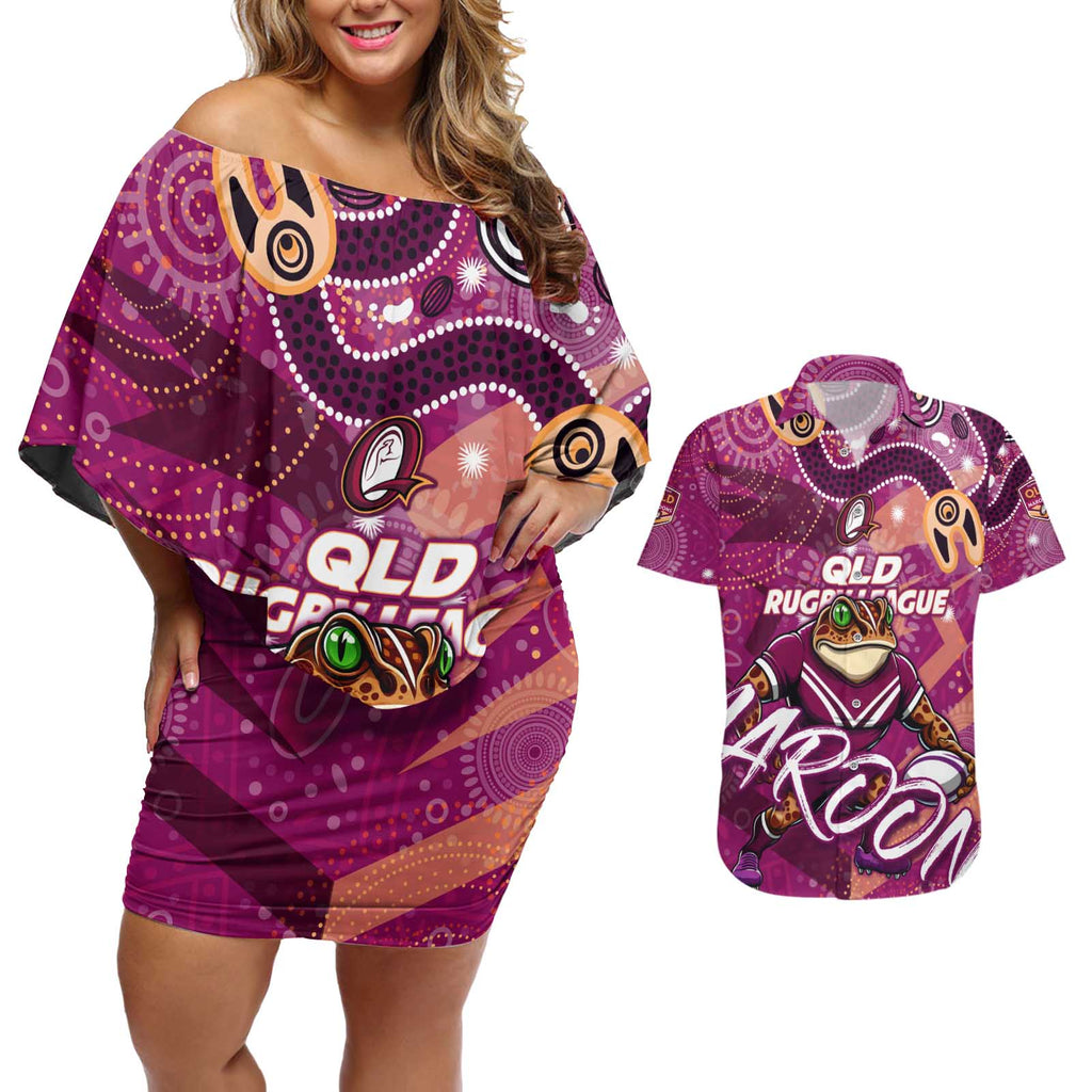 Personalized QLD Rugby League Couples Matching Off Shoulder Short Dress and Hawaiian Shirt Maroons Aboriginal Art